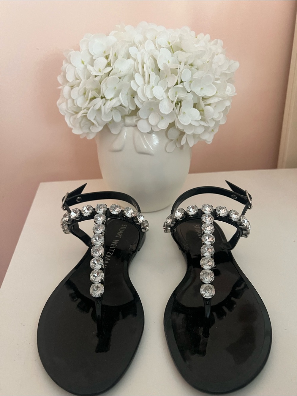 Stuart Weitzman Black Jeweled T-Strap Sandals